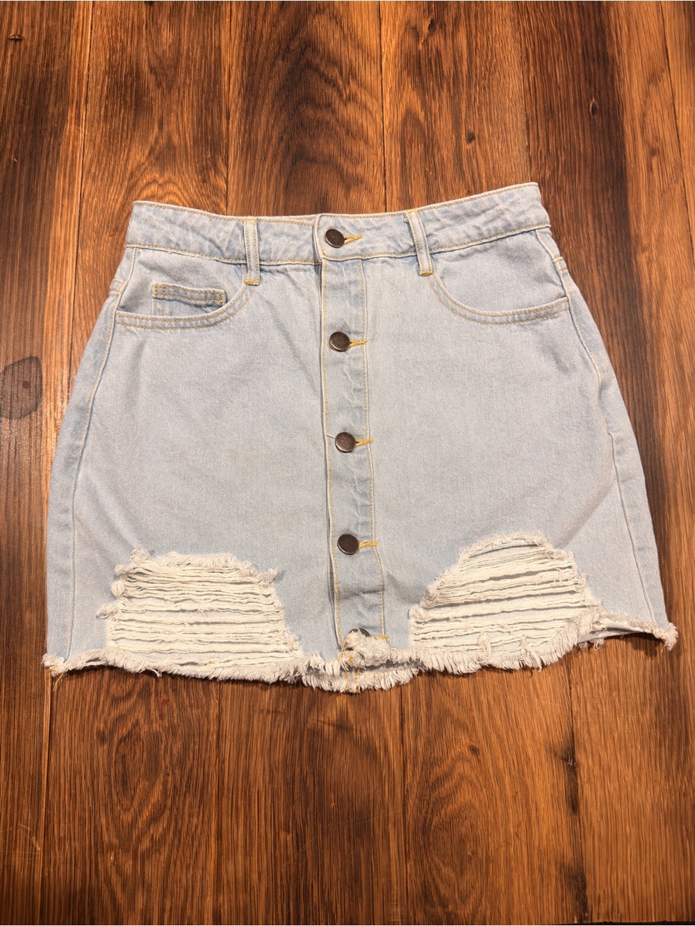 Le Lis Light Blue Distressed Button-Front Denim Mini Skirt